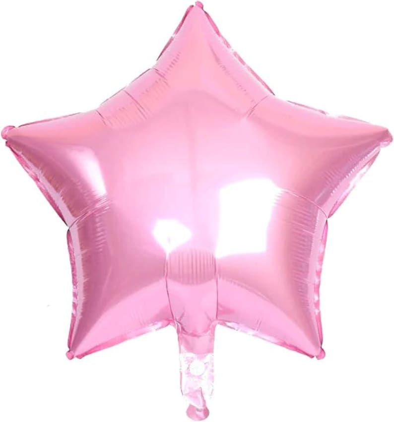 May include: A pink star-shaped balloon. The balloon is inflated and has a shiny, metallic finish. The star has five points and a small, clear plastic valve at the bottom for inflation.