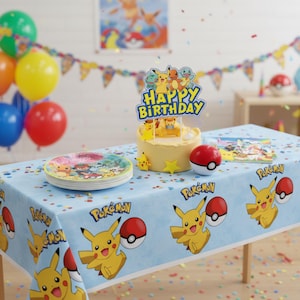 May include: A festive birthday party scene with a light blue tablecloth featuring Pikachu and Pokeball designs. The table is set with a cake, plates, and decorations. Balloons in various colors and a banner complete the party setting.
