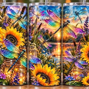 May include: A cylindrical metal tumbler featuring a vibrant wrap-around print of iridescent dragonflies, bright yellow sunflowers, and glowing glass jars against a sunset landscape. The design includes the text Sanity in Sunflower.