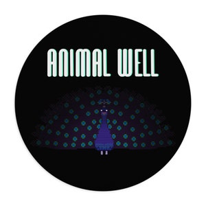 May include: A black circle with the text "ANIMAL WELL" in white with a green outline. A pixelated peacock with a blue body and green and purple feathers is in the center of the circle.