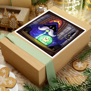 May include: A cartoon illustration of a wizard wearing a blue robe and holding a green star. The wizard is sitting in a chair in front of a stone wall.