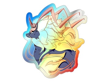 May include: A colorful sticker featuring a mythical creature with a blue, yellow, and red design. The creature has a long, flowing mane and a single horn.