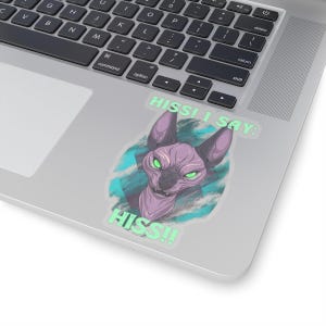 Pode incluir: Um adesivo com um gato Sphynx de desenho animado com olhos verdes e um corpo rosa. O gato está sibilando e o texto "HISS! I SAY: HISS!!" está escrito em verde e branco.