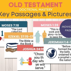 Op de afbeelding: Educatieve kaarten met tekst en illustraties. De kaarten bevatten passages uit het Oude Testament, waaronder Mozes 7:18, Ezechiël 37:15-17, Jozua 24:15 en Jeremia 1:4-5. De kaarten hebben verschillende kleuren en afbeeldingen.