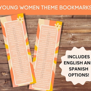 May include: Two bookmarks with a retro sunburst design in orange and yellow. The bookmarks feature quotes about being a daughter of Heavenly Parents and striving to be like Jesus Christ. The text is in both English and Spanish.