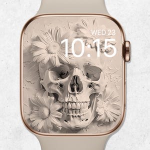 Fondo de pantalla de calavera 3D para Apple Watch, esfera de reloj fantasma, fondo de pantalla de Halloween, fondo de calavera floral neutra para smartwatch, estética espeluznante