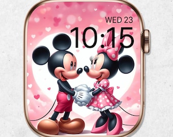 Fondo de pantalla de Mickey y Minnie para San Valentín en Apple Watch, carátula de San Valentín para Apple Watch, fondo de amor para smartwatch, linda estética de pareja de Disney