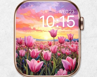 Tapeta na Apple Watch z motywem wiosny, tarcza zegarka z różowymi kwiatami, obraz olejny z kwiatami tulipanów, pastelowe tło smartwatcha z krajobrazem, estetyka zachodu słońca