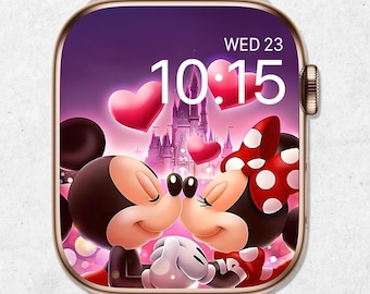 Fondo de pantalla de Mickey y Minnie para San Valentín en Apple Watch, carátula de San Valentín para Apple Watch, fondo de amor para smartwatch, linda estética de pareja de Disney