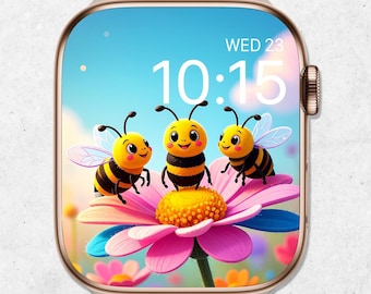 Fondo de pantalla de abeja para Apple Watch, fondo de pantalla de primavera para Apple Watch, esfera floral para Apple Watch, adorable fondo de abeja para smartwatch, estética pastel