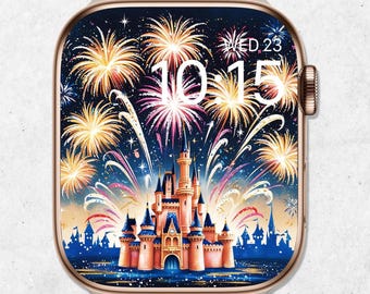 Magic Kingdom Apple Watch Wallpaper, Festive Watch Background, Disney Fireworks Watch Face, Mickey Mouse Cartoon Happy New Year Aesthetic