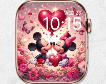 Fondo de pantalla de Mickey y Minnie para San Valentín en Apple Watch, carátula de San Valentín para Apple Watch, fondo de amor para smartwatch, linda estética de pareja de Disney