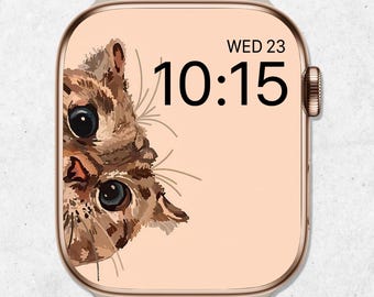 Cat Apple Watch Wallpaper, Peekaboo Cat Watch Face, Cat Watercolor Smartwatch Background, Beige Aesthetic, Minimal Funny Cat Wallpaper