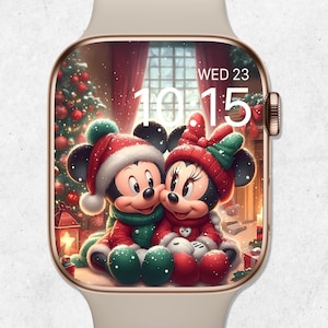 Kerstmis Mickey en Minnie Apple Watch Wallpaper, leuke kerst wijzerplaat, feestelijke smartwatch-achtergrond, wintervakantie horloge wallpaper