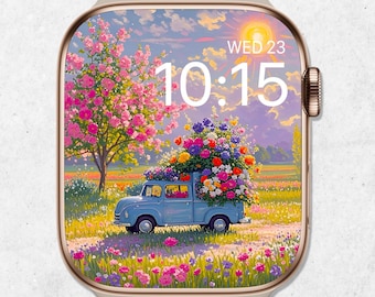 Fondo de pantalla primaveral para Apple Watch, esfera de reloj con flores vibrantes, fondo de reloj con diseño de camión floral retro, pintura de flores silvestres, estética primaveral pastel