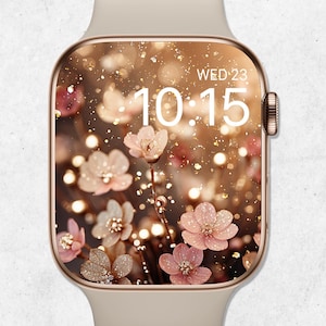 Floral Apple Watch Wallpaper, Glitter Uhren-Gesicht, Blumen Zifferblatt, Frühling Smartwatch Hintergrund, funkelnde Uhr Wallpaper, Beige Ästhetik