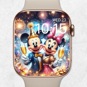 Tapeta na Apple Watch z Myszką Miki na Sylwestra, Tło z kreskówkowym motywem, Tarcza zegarka z fajerwerkami, Świąteczna estetyka Disneya Szczęśliwego Nowego Roku