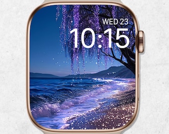 Fondo de pantalla de playa nocturna para Apple Watch, esfera de verano para Apple Watch, esfera de olas del océano, fondo de pantalla de atardecer brillante en el mar para Apple Watch, estética brillante