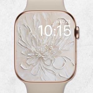 Apple Watch-behang met bloemen, wijzerplaat bohobloem, neutraal boho-horlogebehang, abstract 3D-olieverfschilderij witte bloem, beige esthetiek, neutraal boho-horlogebehang