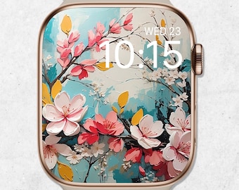 Tapeta na Apple Watch z motywem kwiatowym, wiosenna tarcza Apple Watch, tapeta z obrazem olejnym z kwiatami 3D, estetyczne tło smartwatcha, wiosenna estetyka