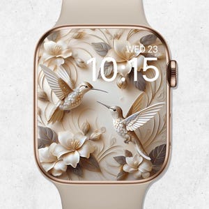 Kolibri Apple Watch Wallpaper, 3D Floral Ziffernblatt, Boho Blumen Ziffernblatt, Botanischer Smartwatch Hintergrund, Neutrale Frühlingsästhetik