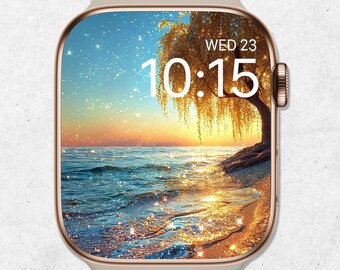 Fondo de pantalla de verano para Apple Watch, esfera de reloj de playa, esfera de reloj de océano, fondo de pantalla brillante para reloj, fondo de reloj inteligente con puesta de sol, estética brillante