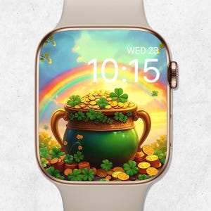 May include: A smartwatch with a St. Patrick's Day theme. The watch face displays a green pot filled with gold coins and shamrocks, with a rainbow in the background. The time is 10:15 AM, Wednesday.