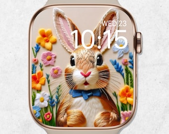 Fondo de pantalla de conejito de Pascua 3D para Apple Watch, esfera de reloj de Pascua en tonos pastel, bonito fondo de reloj primaveral, smartwatch con conejo floral y estética de crochet.