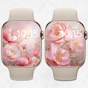 Sfondo floreale per Apple Watch, quadrante con fiori in fiore, sfondo primaverile per orologio, sfondo per smartwatch con peonie rosa, estetica pastello