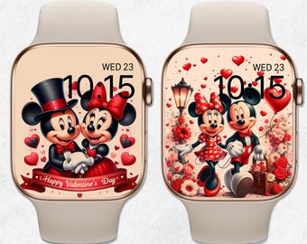 Paquete de fondos de pantalla de San Valentín para Apple Watch, esfera de Mickey y Minnie Mouse, fondo de San Valentín para smartwatch, linda estética de amor de Disney.