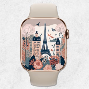 Sfondo floreale di Parigi per Apple Watch, quadrante Apple Watch Torre Eiffel, estetica beige, sfondo estetico di Parigi, sfondo per smartwatch