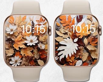 Paquete de fondos de pantalla de otoño para Apple Watch, esfera de reloj otoñal, fondo de reloj inteligente con hojas de otoño en 3D, calabaza, flor de Halloween y hojas, estética beige.