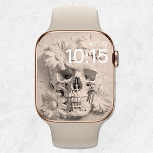 Sfondo 3D per Apple Watch con teschio, quadrante fantasma, sfondo per orologio di Halloween, sfondo neutro per smartwatch con teschio floreale, estetica spettrale