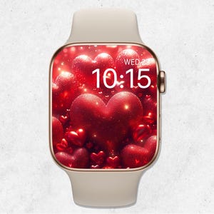 Sfondo di San Valentino per Apple Watch, quadrante di cuori rossi, sfondo di glitter per orologio, sfondo di amore per smartwatch, estetica di cuori scintillanti