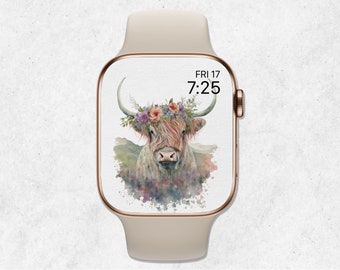 Cow Apple Watch Wallpaper, Apple Watch Face Highland Cow, Colorful Watercolor Cow Wallpaper, Floral Smartwatch Wallpaper, Digital Download