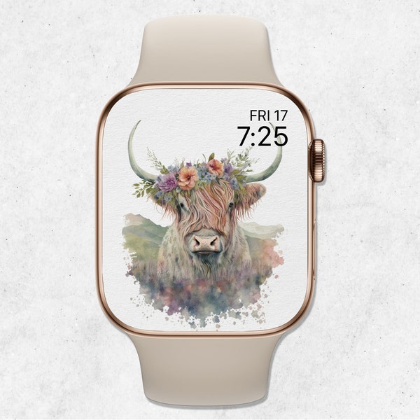 Cow Apple Watch Wallpaper, Apple Watch Face Highland Cow, Colorful Watercolor Cow Wallpaper, Floral Smartwatch Wallpaper, Digital Download