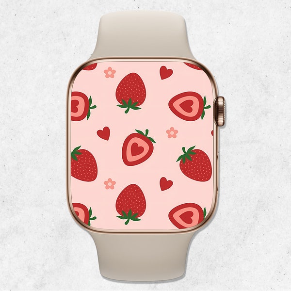 Strawberries Apple Watch Wallpaper, Summer Apple Watch Face, Cute Strawberry and Hearts Smartwatch Background, Aesthetic Watch Wallpaper