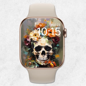Sfondo di Halloween per Apple Watch, quadrante di orologio con teschio floreale, sfondo di orologio fantasma, sfondo di smartwatch con teschio, estetica spettrale dello scheletro