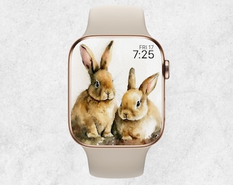 Easter Bunny Apple Watch Wallpaper,  Apple Watch Face Watercolor, Easter Apple Watch Face, Beige Aesthetic, Smartwatch Wallpaper, Easter Art