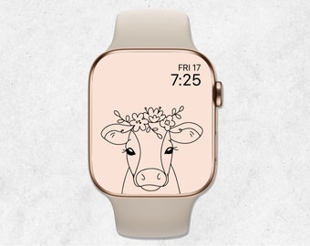 ハイランド牛の Apple Watch 壁紙、かわいい牛の Apple Watch の文字盤、花柄の牛の線画の壁紙、ベージュの美学、スマートウォッチの背景