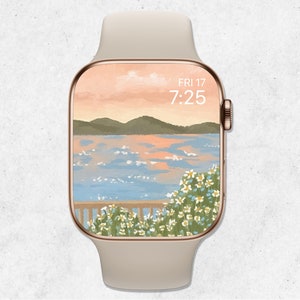 Sfondo floreale per Apple Watch, quadrante primaverile per Apple Watch, sfondo acquerello con paesaggio al tramonto, estetica beige, sfondo per smartwatch