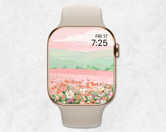 Fondo de pantalla floral para Apple Watch, flores en la carátula del Apple Watch, fondo de pantalla con flores de acuarela, estética beige, fondo para smartwatch, arte floral