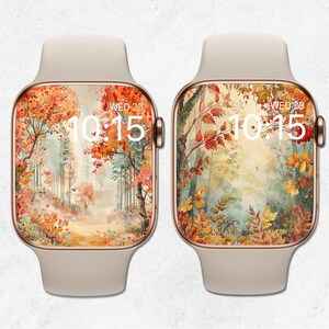 Set di 2 sfondi autunnali per Apple Watch, quadrante autunnale, sfondi per orologio con foglie di albero autunnale, sfondo per smartwatch acquerello paesaggio autunnale