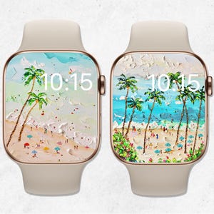 Sfondo Apple Watch Spiaggia Quadrante Apple Watch Estate Onde dell'oceano Dipinto a olio Sfondo Orologio Sfondo Orologio Pastello Vibrazioni estive Estetica