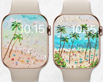 Tapeta na Apple Watch na plaży, tarcza Apple Watch na lato, fale oceanu, malarstwo olejne, tapeta na zegarek, pastelowe tło zegarka, letnie wibracje, estetyka