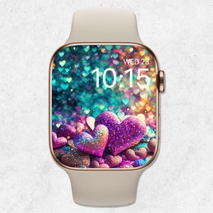 Sfondo glitterato per Apple Watch, quadrante di San Valentino, quadrante di cuori, sfondo femminile per smartwatch, sfondo di orologio scintillante