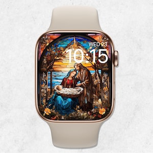 Sfondo Apple Watch Natività, quadrante orologio Natale, quadrante orologio Cristiano, sfondo smartwatch religioso, vetrate della nascita di Gesù