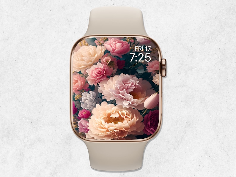 May include: A gold Apple Watch with a white band and a floral watch face. The watch face displays the time as 7:25 and the date as FRI 17.
