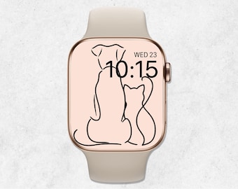 Cat and Dog Apple Watch Wallpaper, Pets Apple Watch Face, Aesthetic Beige Wallpaper, Minimalist Smartwatch Background, Cat and Dog Line Art