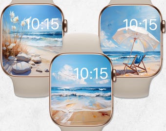 Fondo de pantalla de Apple Watch con playa, esfera de Apple Watch de verano, pintura de olas del océano, fondo de pantalla de reloj, fondo de reloj de mar, vibraciones de verano bohemias estéticas